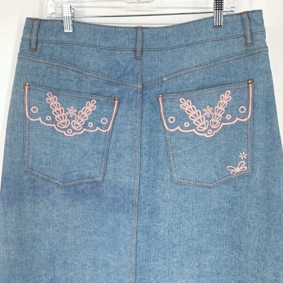 NWT Driftwood Serena Denim Maxi Skirt Sz 32 Blue Pink Eyelet Embroidered Slit‎ - Picture 10 of 14